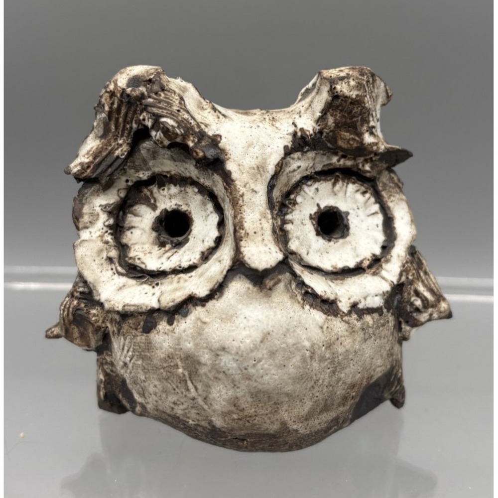 Vintage Owl Clay Pottery Art 3.5" Tall Black & White Home Decor Animal Bird